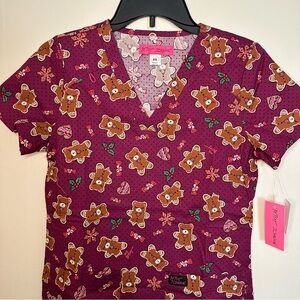 Betsy Johnson Womens XS Pink Gingerbread Delights Holiday Nurse/Dr Scrub Top NEW